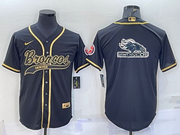 Men's Denver Broncos Black Gold Team Big Logo With Patch Cool Base Stitched Baseball Jersey - Click Image to Close